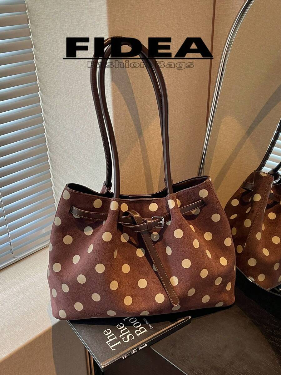 New Women's Polka Dot Print PU Large Capacity Tote Bag With Belt Buckle Design, Minimalist Commuter Shoulder Bag, Suitable For Daily Outings, Shopping, Commuting, Versatile Handbag And Shoulder Bag