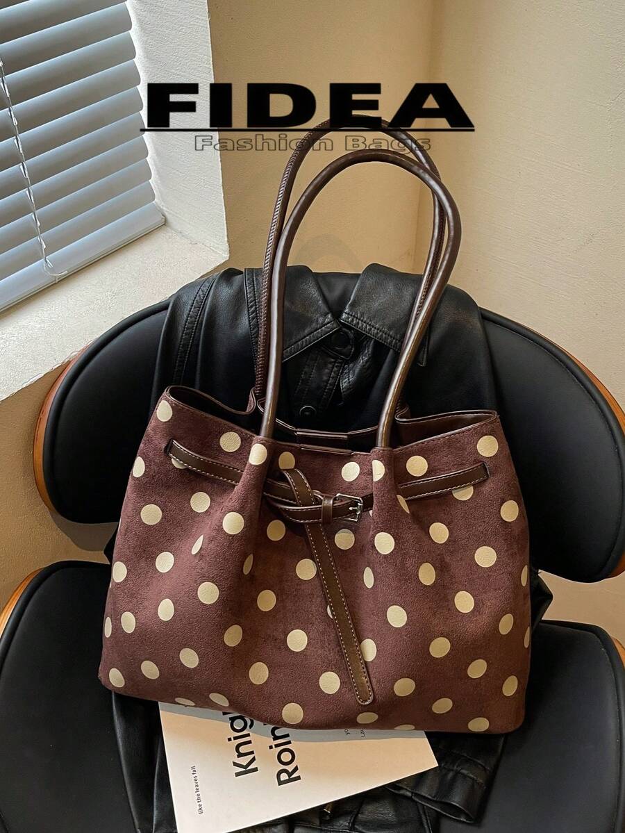 New Women's Polka Dot Print PU Large Capacity Tote Bag With Belt Buckle Design, Minimalist Commuter Shoulder Bag, Suitable For Daily Outings, Shopping, Commuting, Versatile Handbag And Shoulder Bag