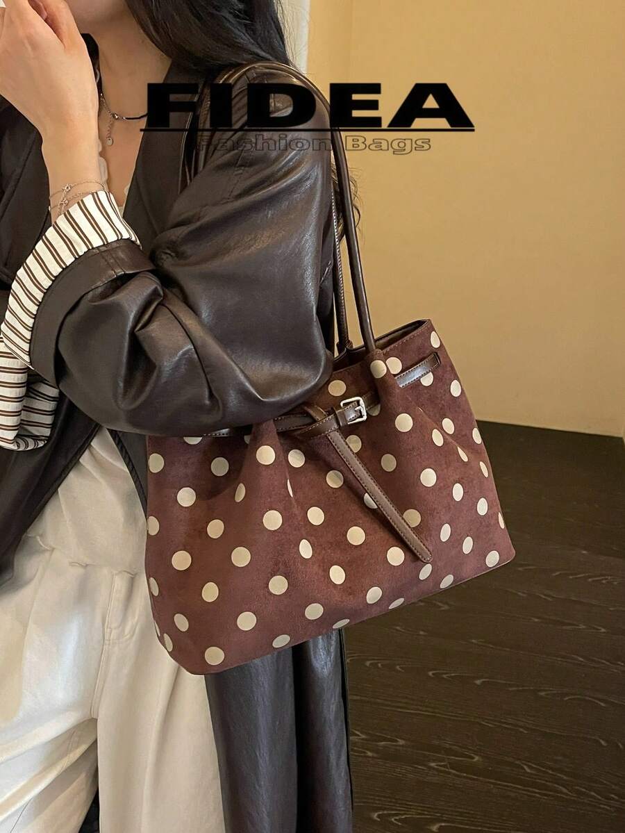 New Women's Polka Dot Print PU Large Capacity Tote Bag With Belt Buckle Design, Minimalist Commuter Shoulder Bag, Suitable For Daily Outings, Shopping, Commuting, Versatile Handbag And Shoulder Bag