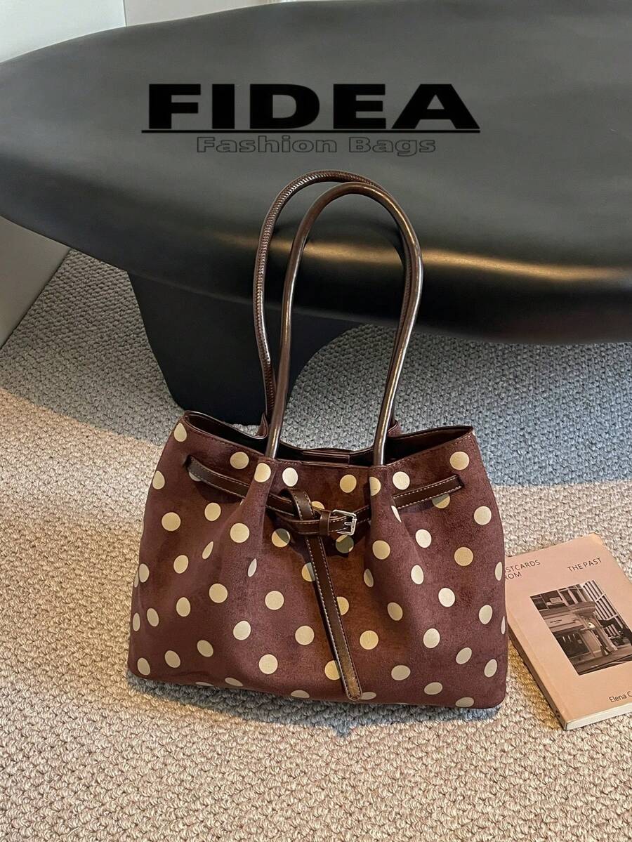 New Women's Polka Dot Print PU Large Capacity Tote Bag With Belt Buckle Design, Minimalist Commuter Shoulder Bag, Suitable For Daily Outings, Shopping, Commuting, Versatile Handbag And Shoulder Bag