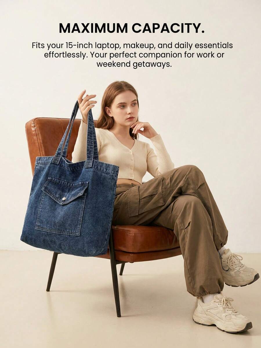 Vintage Blue Distressed Denim Bag Women's Shoulder Bag Large Capacity Handbag Zipper Closure Canvas Tote Bag College Style Shoulder Bag Retro Jean Bag