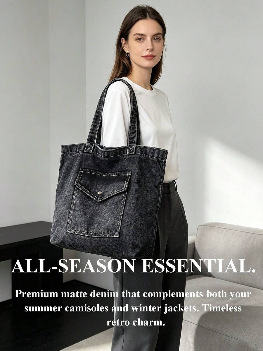 Vintage Blue Distressed Denim Bag Women's Shoulder Bag Large Capacity Handbag Zipper Closure Canvas Tote Bag College Style Shoulder Bag Retro Jean Bag