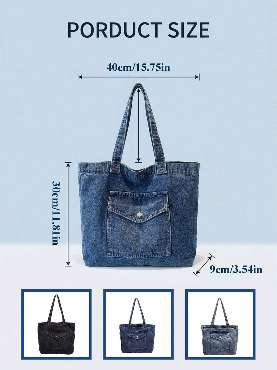 Vintage Blue Distressed Denim Bag Women's Shoulder Bag Large Capacity Handbag Zipper Closure Canvas Tote Bag College Style Shoulder Bag Retro Jean Bag