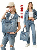 Vintage Blue Distressed Denim Bag Women's Shoulder Bag Large Capacity Handbag Zipper Closure Canvas Tote Bag College Style Shoulder Bag Retro Jean Bag