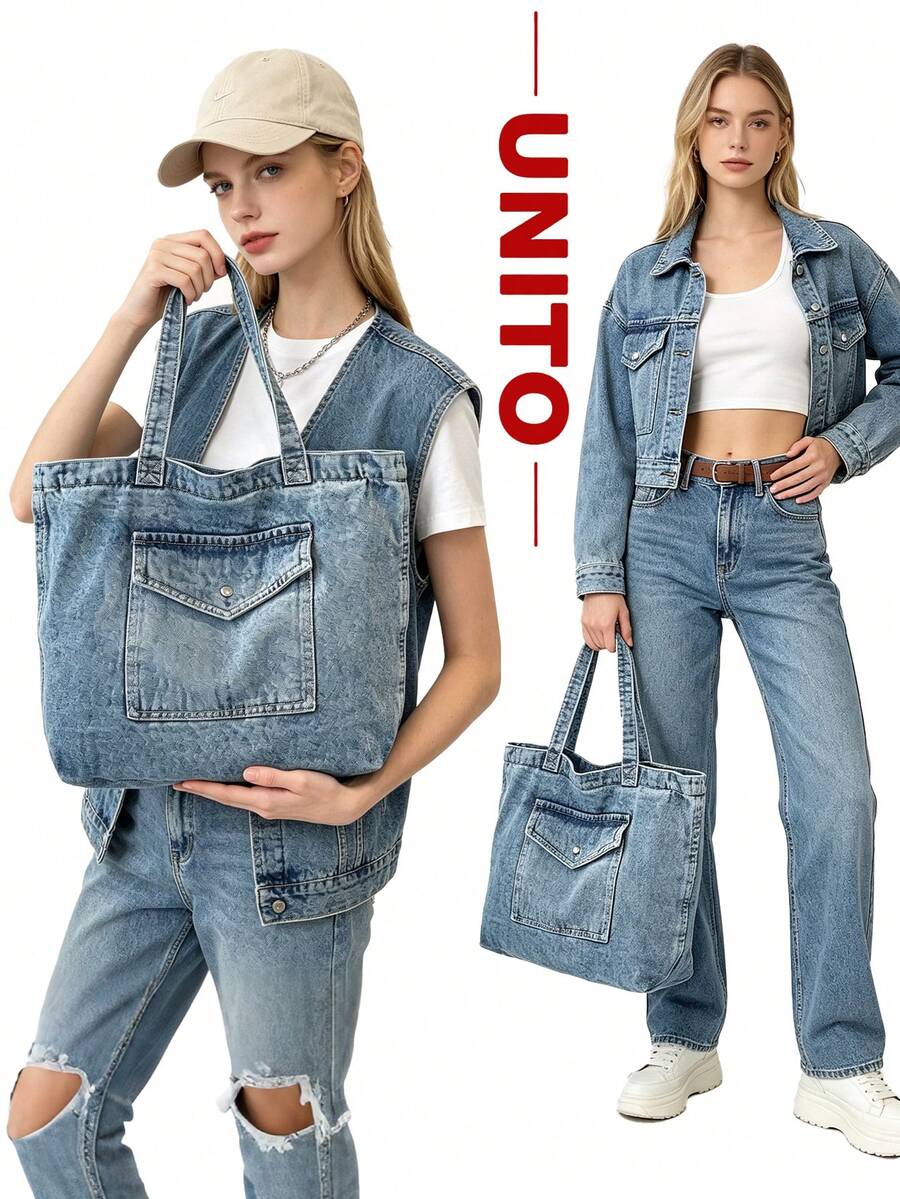 Vintage Blue Distressed Denim Bag Women's Shoulder Bag Large Capacity Handbag Zipper Closure Canvas Tote Bag College Style Shoulder Bag Retro Jean Bag