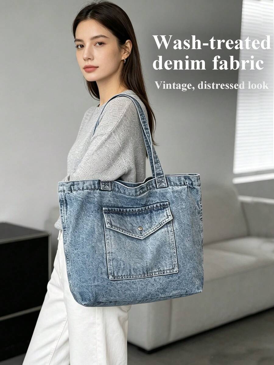 Vintage Blue Distressed Denim Bag Women's Shoulder Bag Large Capacity Handbag Zipper Closure Canvas Tote Bag College Style Shoulder Bag Retro Jean Bag