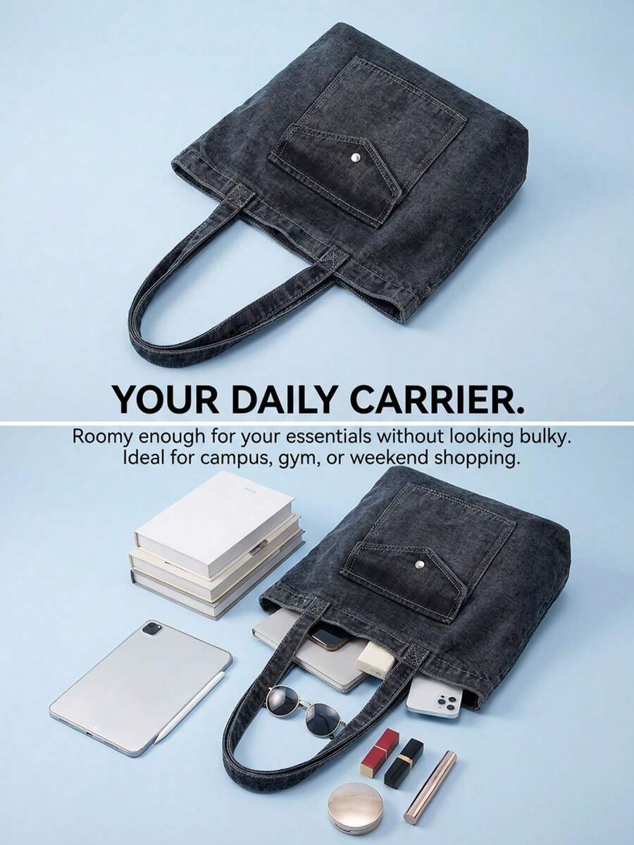 Vintage Blue Distressed Denim Bag Women's Shoulder Bag Large Capacity Handbag Zipper Closure Canvas Tote Bag College Style Shoulder Bag Retro Jean Bag