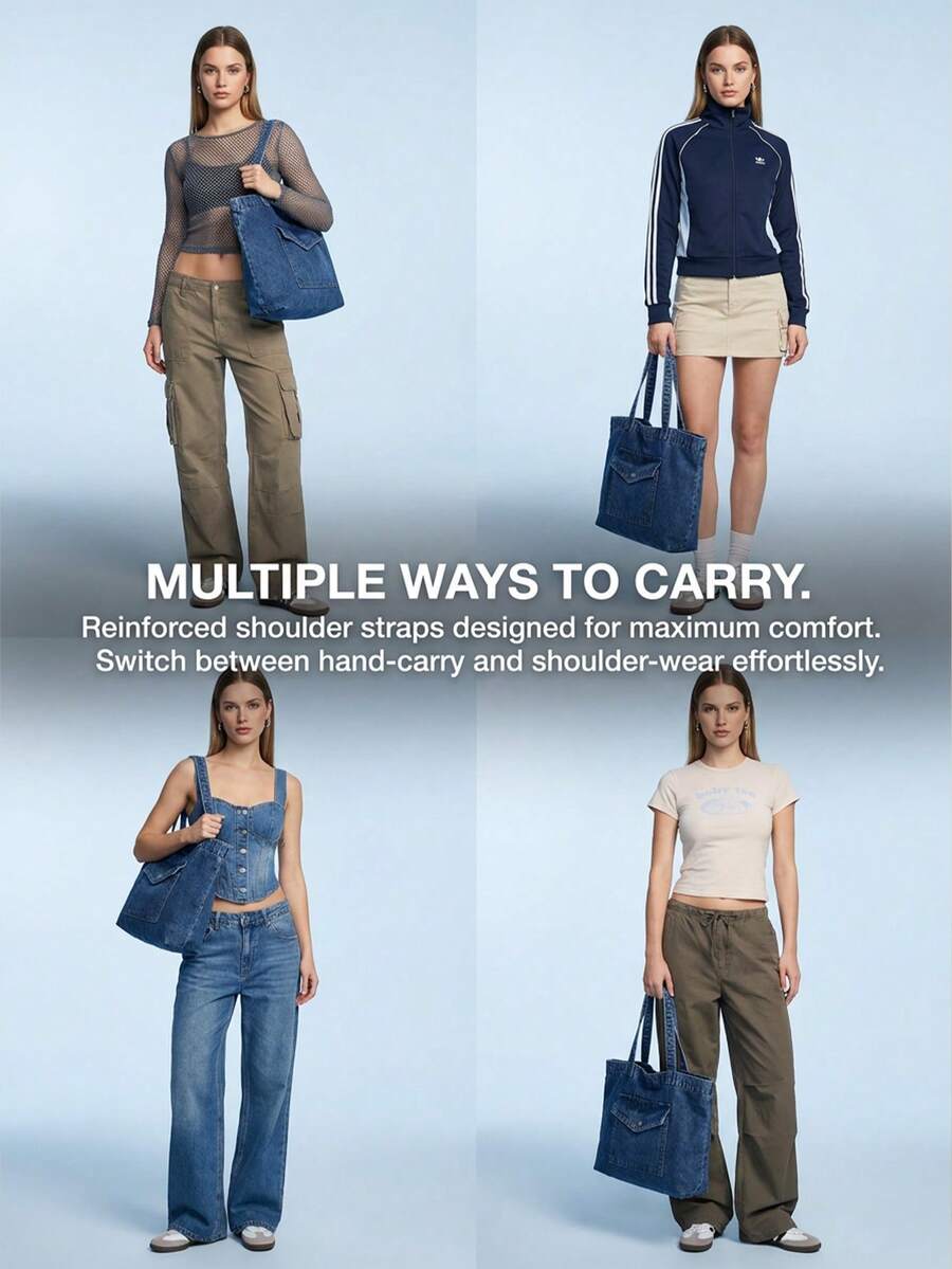 Vintage Blue Distressed Denim Bag Women's Shoulder Bag Large Capacity Handbag Zipper Closure Canvas Tote Bag College Style Shoulder Bag Retro Jean Bag