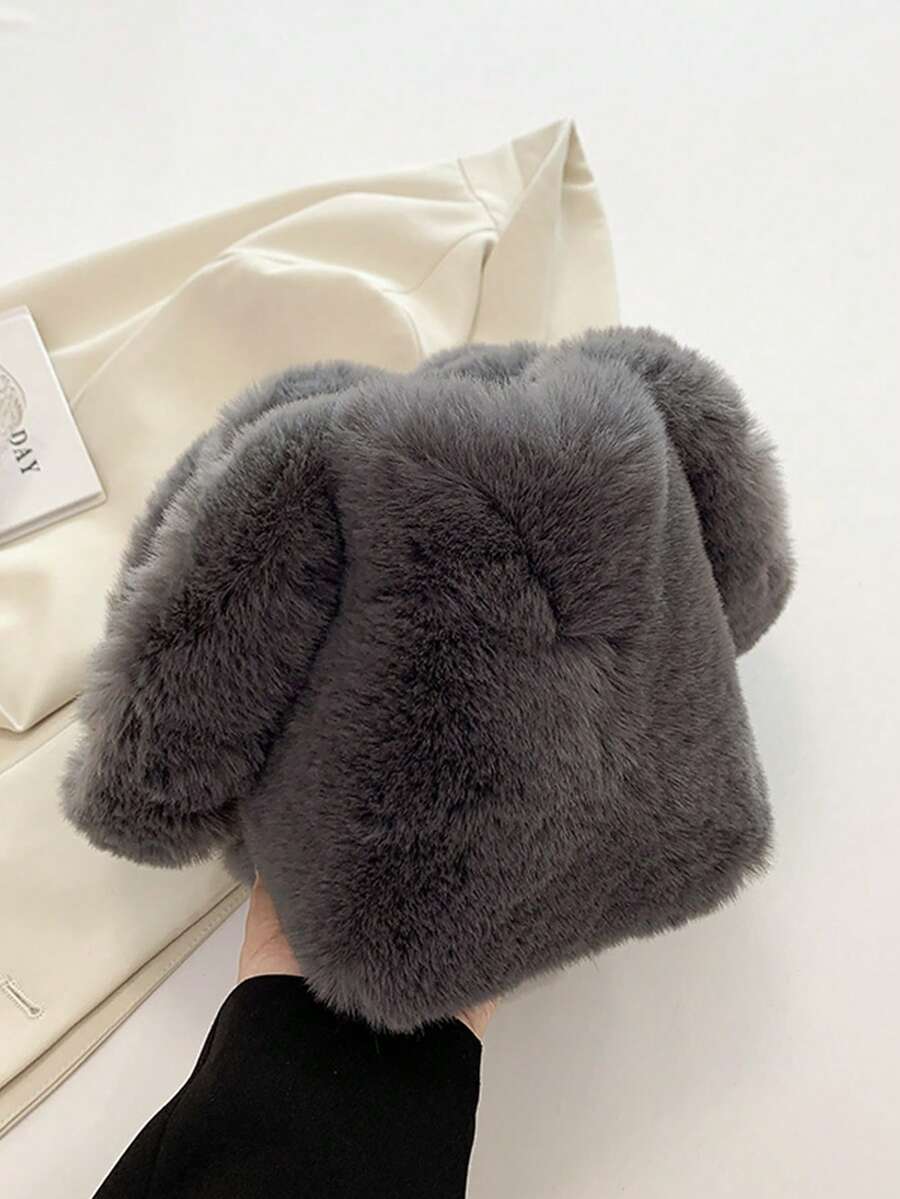 Dark Gray Faux Fur Tote Handbag Purses For Women,Soft Fluffy Top‑Handle Satchel,Bags For Women,Daily Shopping Party Casual Winter Fashion Purse