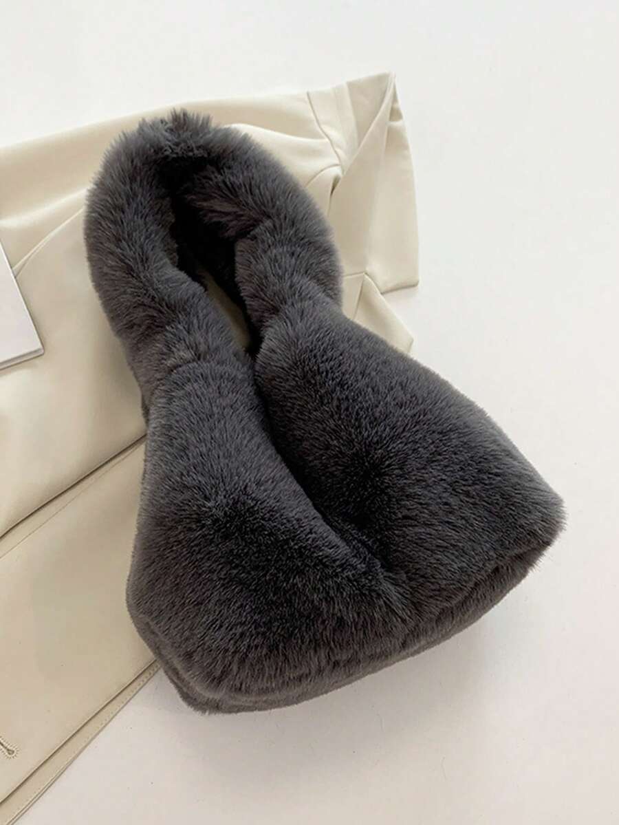 Dark Gray Faux Fur Tote Handbag Purses For Women,Soft Fluffy Top‑Handle Satchel,Bags For Women,Daily Shopping Party Casual Winter Fashion Purse