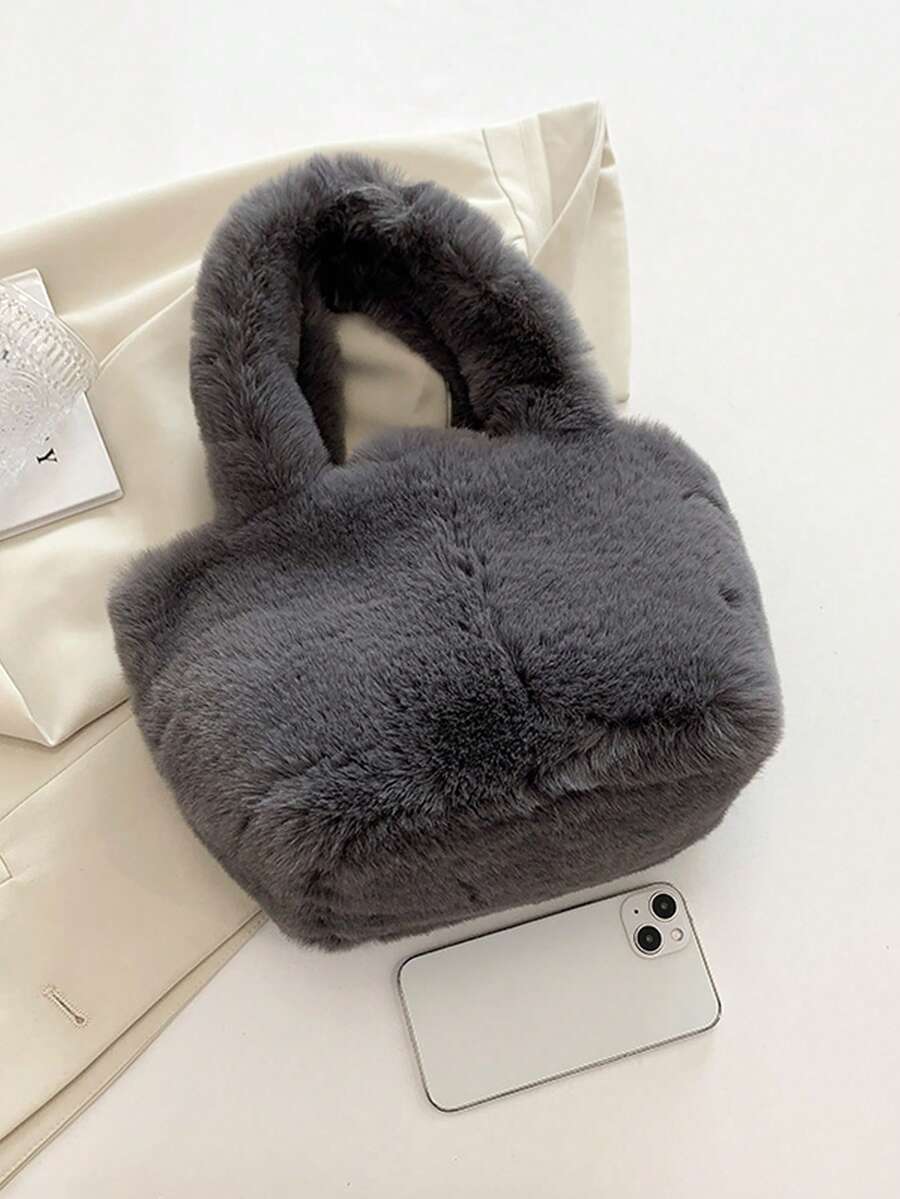 Dark Gray Faux Fur Tote Handbag Purses For Women,Soft Fluffy Top‑Handle Satchel,Bags For Women,Daily Shopping Party Casual Winter Fashion Purse