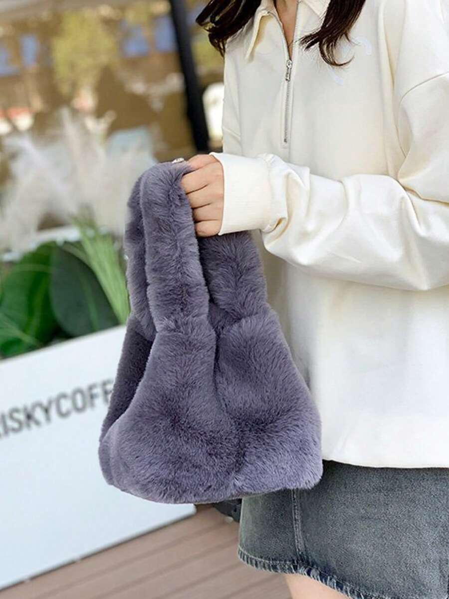 Dark Gray Faux Fur Tote Handbag Purses For Women,Soft Fluffy Top‑Handle Satchel,Bags For Women,Daily Shopping Party Casual Winter Fashion Purse