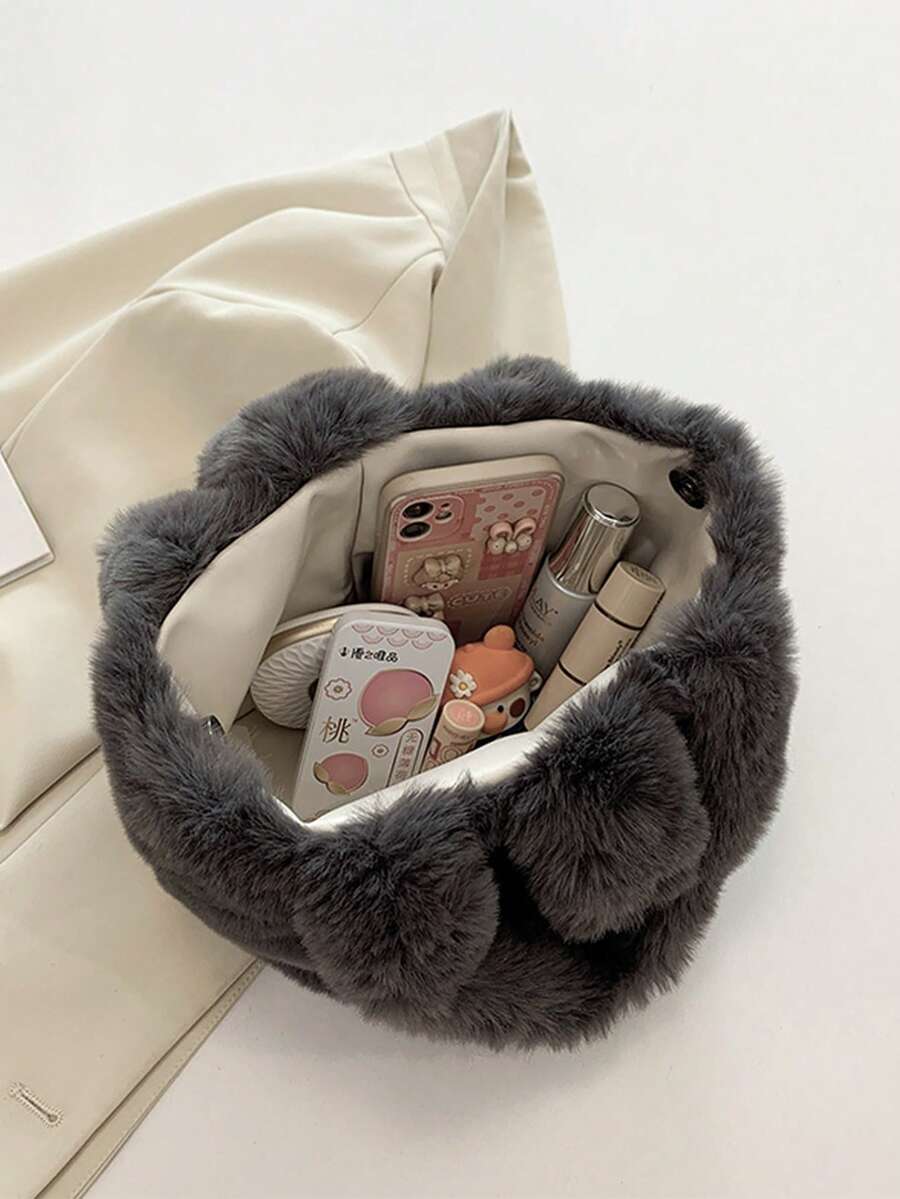 Dark Gray Faux Fur Tote Handbag Purses For Women,Soft Fluffy Top‑Handle Satchel,Bags For Women,Daily Shopping Party Casual Winter Fashion Purse