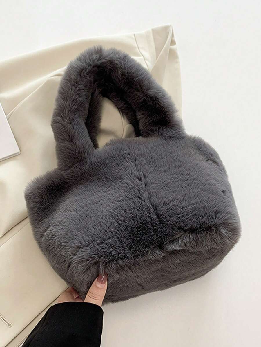 Dark Gray Faux Fur Tote Handbag Purses For Women,Soft Fluffy Top‑Handle Satchel,Bags For Women,Daily Shopping Party Casual Winter Fashion Purse