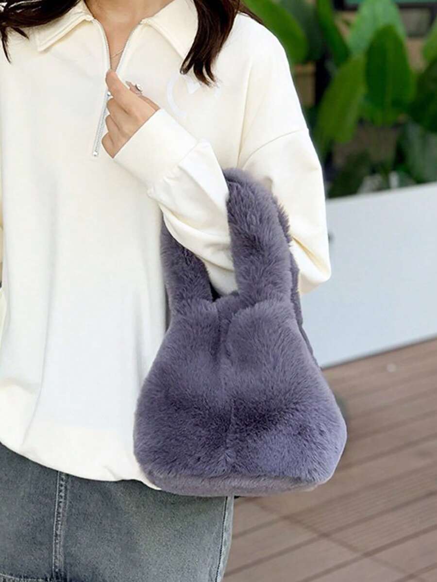 Dark Gray Faux Fur Tote Handbag Purses For Women,Soft Fluffy Top‑Handle Satchel,Bags For Women,Daily Shopping Party Casual Winter Fashion Purse