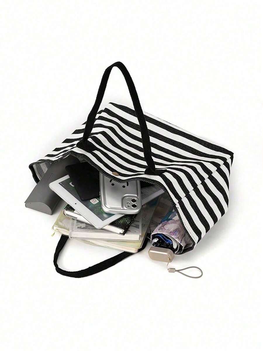 Cute Bow Highland Cow Print Tote Bag + Coin Purse 2-Piece Set, Classic Black And White Striped Canvas Handbag, Multi-Functional Storage Bag, Large Capacity For Books And Laptop, Daily Commute And Trav