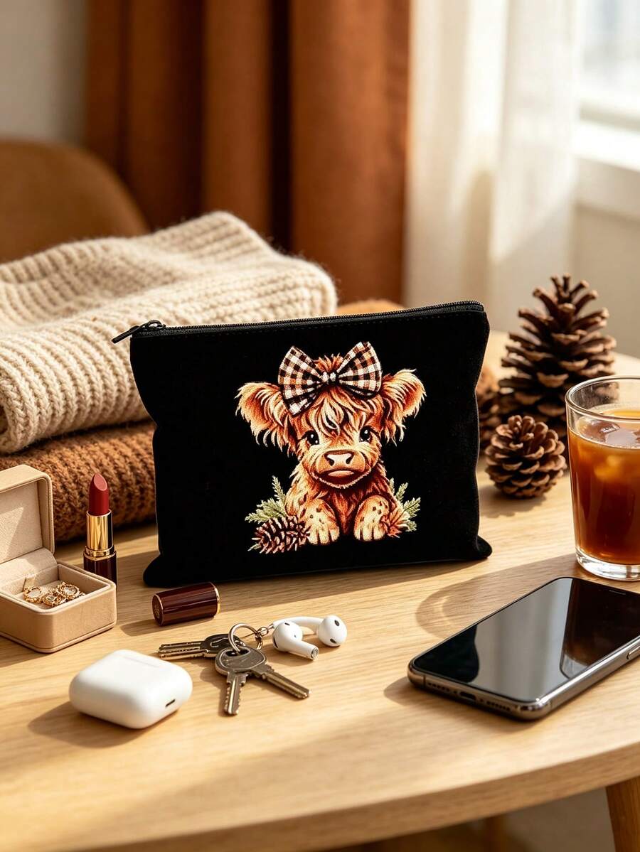 Cute Bow Highland Cow Print Tote Bag + Coin Purse 2-Piece Set, Classic Black And White Striped Canvas Handbag, Multi-Functional Storage Bag, Large Capacity For Books And Laptop, Daily Commute And Trav