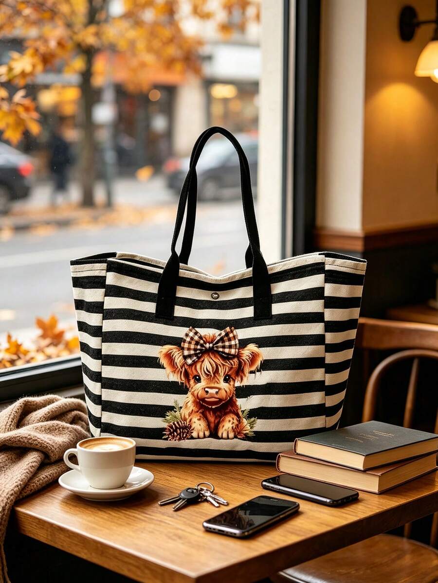 Cute Bow Highland Cow Print Tote Bag + Coin Purse 2-Piece Set, Classic Black And White Striped Canvas Handbag, Multi-Functional Storage Bag, Large Capacity For Books And Laptop, Daily Commute And Trav