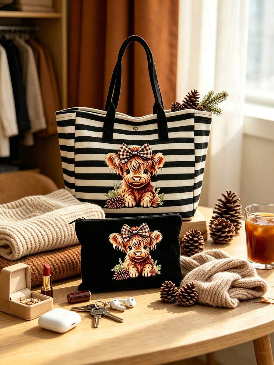 Cute Bow Highland Cow Print Tote Bag + Coin Purse 2-Piece Set, Classic Black And White Striped Canvas Handbag, Multi-Functional Storage Bag, Large Capacity For Books And Laptop, Daily Commute And Trav