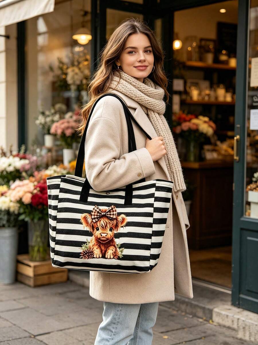 Cute Bow Highland Cow Print Tote Bag + Coin Purse 2-Piece Set, Classic Black And White Striped Canvas Handbag, Multi-Functional Storage Bag, Large Capacity For Books And Laptop, Daily Commute And Trav