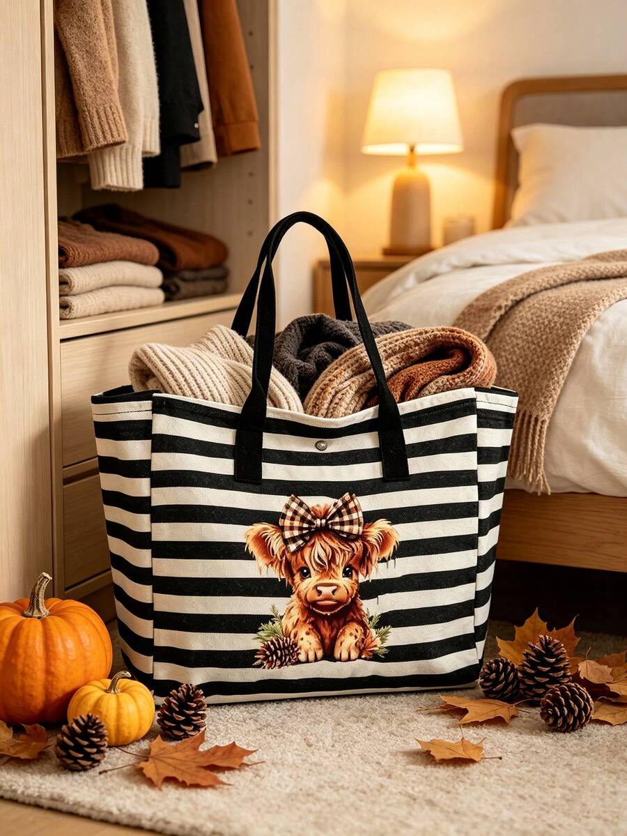 Cute Bow Highland Cow Print Tote Bag + Coin Purse 2-Piece Set, Classic Black And White Striped Canvas Handbag, Multi-Functional Storage Bag, Large Capacity For Books And Laptop, Daily Commute And Trav