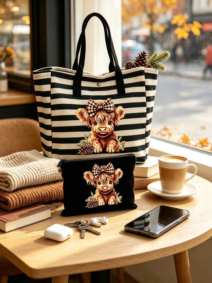 Cute Bow Highland Cow Print Tote Bag + Coin Purse 2-Piece Set, Classic Black And White Striped Canvas Handbag, Multi-Functional Storage Bag, Large Capacity For Books And Laptop, Daily Commute And Trav