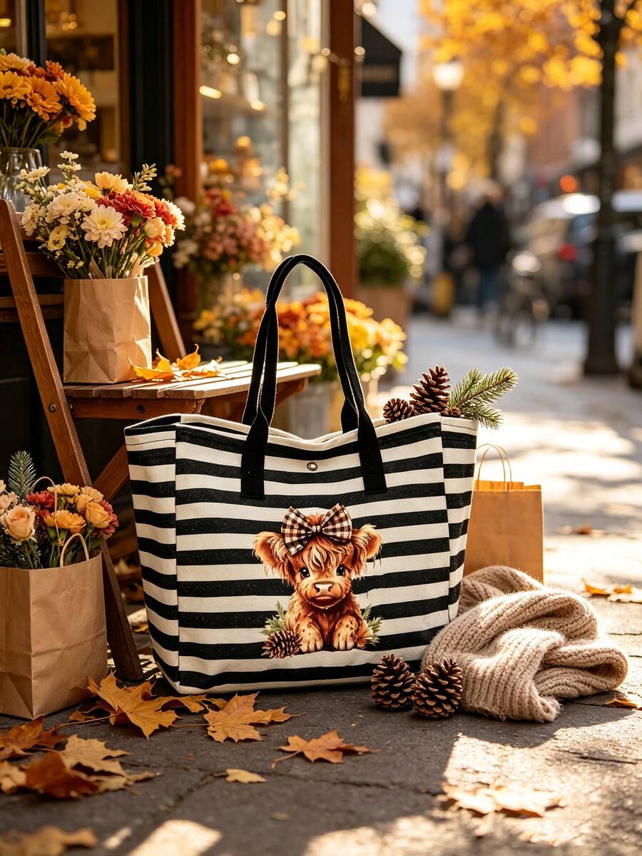 Cute Bow Highland Cow Print Tote Bag + Coin Purse 2-Piece Set, Classic Black And White Striped Canvas Handbag, Multi-Functional Storage Bag, Large Capacity For Books And Laptop, Daily Commute And Trav