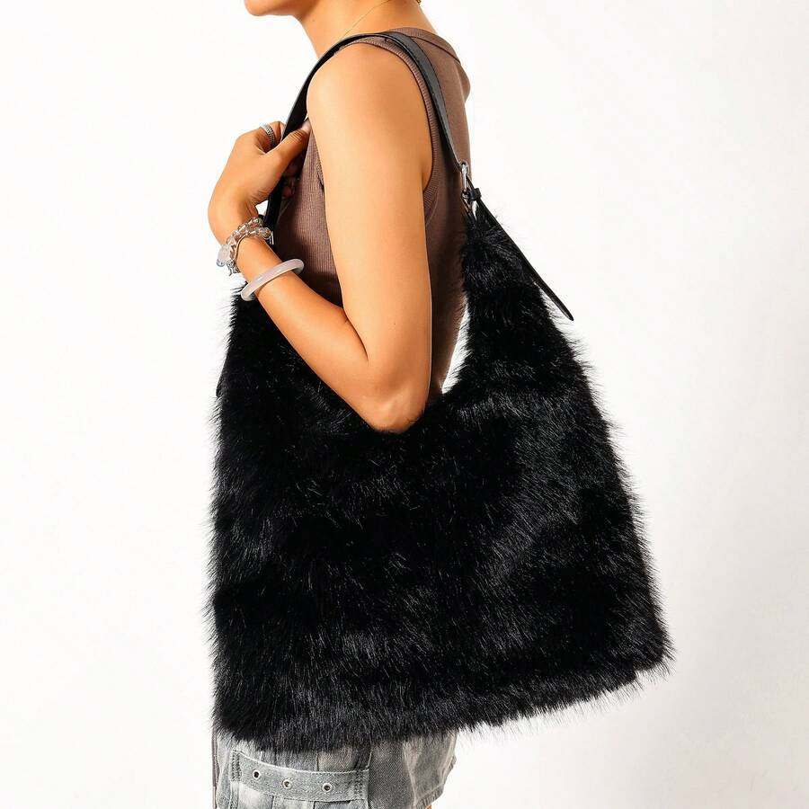 Fluffy Faux Fur Shoulder Tote Bag Casual Large Capacity Plush Handbag Women Daily Shopping Streetwear Underarm Bag