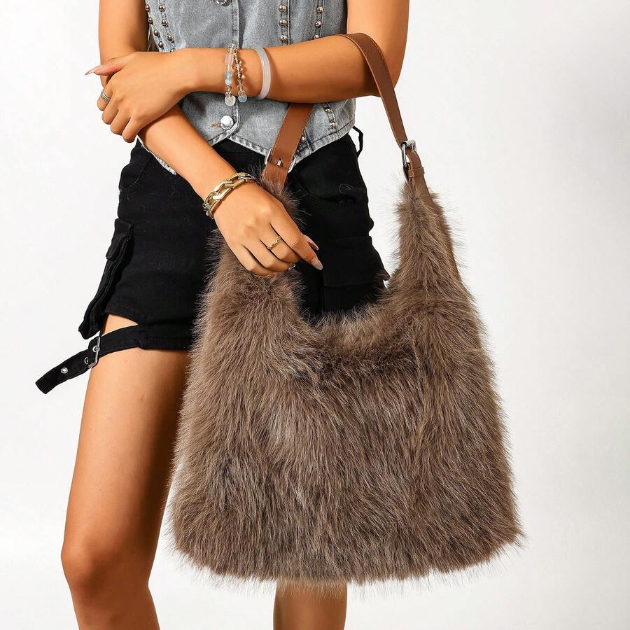 Fluffy Faux Fur Shoulder Tote Bag Casual Large Capacity Plush Handbag Women Daily Shopping Streetwear Underarm Bag