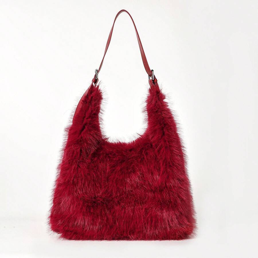 Fluffy Faux Fur Shoulder Tote Bag Casual Large Capacity Plush Handbag Women Daily Shopping Streetwear Underarm Bag