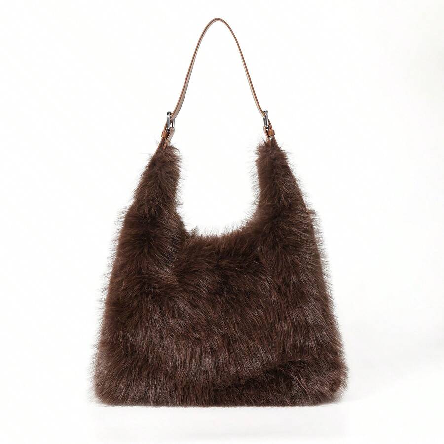 Fluffy Faux Fur Shoulder Tote Bag Casual Large Capacity Plush Handbag Women Daily Shopping Streetwear Underarm Bag