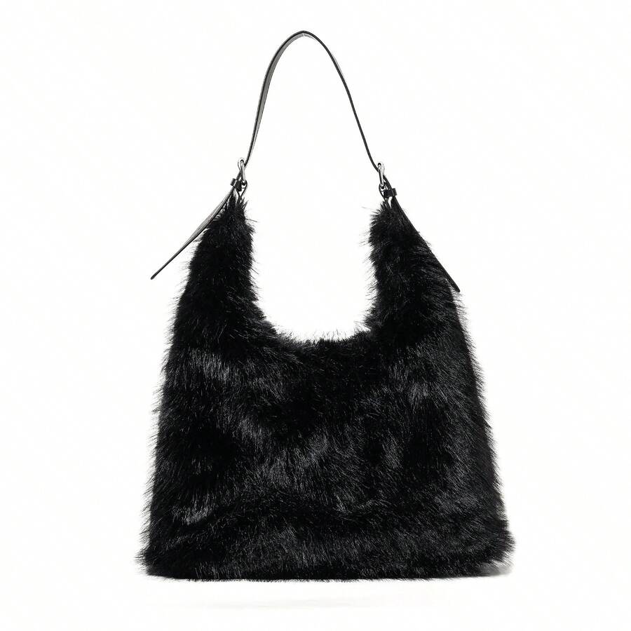 Fluffy Faux Fur Shoulder Tote Bag Casual Large Capacity Plush Handbag Women Daily Shopping Streetwear Underarm Bag