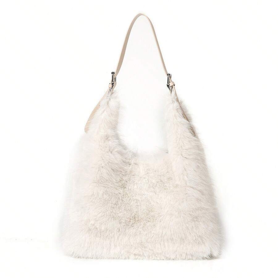 Fluffy Faux Fur Shoulder Tote Bag Casual Large Capacity Plush Handbag Women Daily Shopping Streetwear Underarm Bag