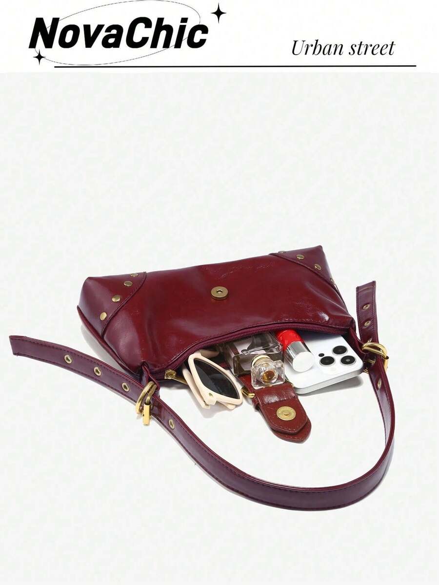 Retro Maillard Soft, Aged, Brushed, Artificial Leather Motorcycle Packaging Decoration Shoulder Underarm Bag, French Stick Bag, Square Bag
