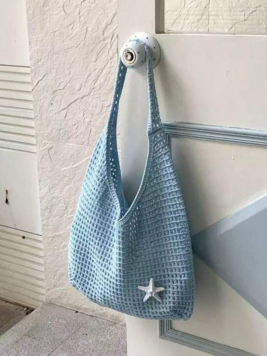 Summer Women'S Vintage Vacation Style,Women Hollow Knitted Shoulder Bag,Simple Crochet Handbag,Lightweight Casual Hollow Out Pattern Crochet Bag
