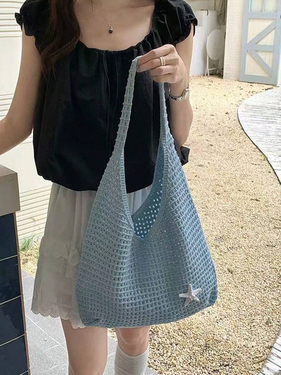 Summer Women'S Vintage Vacation Style,Women Hollow Knitted Shoulder Bag,Simple Crochet Handbag,Lightweight Casual Hollow Out Pattern Crochet Bag