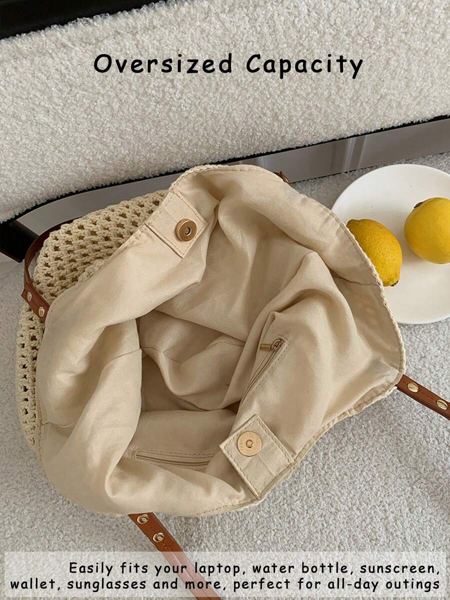 Beige White Crochet Hollow Out Shoulder Tote Bag, Women's Beach Bag Summer Vacation Travel Essentials Casual Daily Shopping Purses And Bags For Women