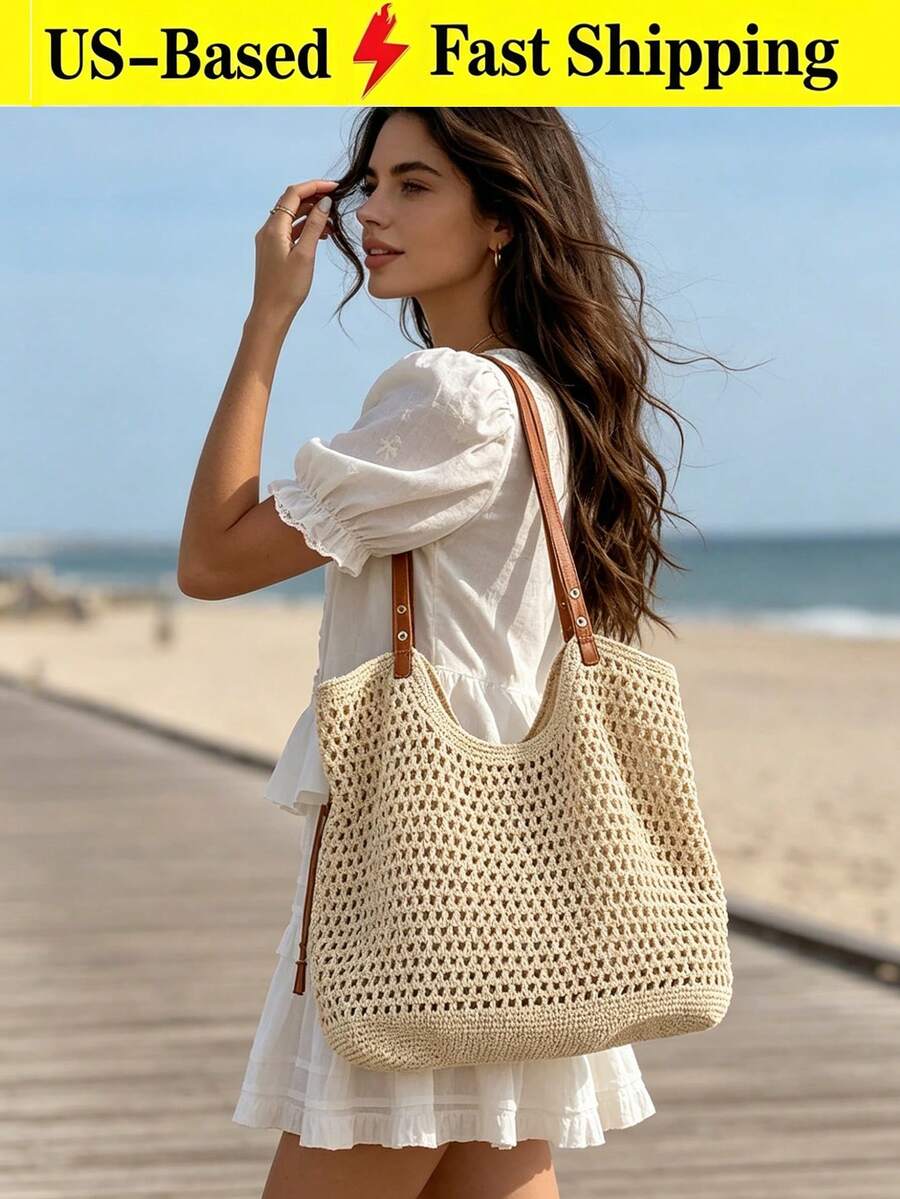 Beige White Crochet Hollow Out Shoulder Tote Bag, Women's Beach Bag Summer Vacation Travel Essentials Casual Daily Shopping Purses And Bags For Women