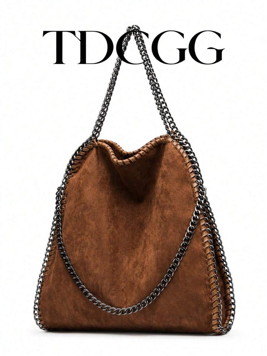 1pc Women's Vegan Leather Chain Shoulder Bag, New Bucket Bag Tote Handbag, Large Capacity Commuter Shopping Bag