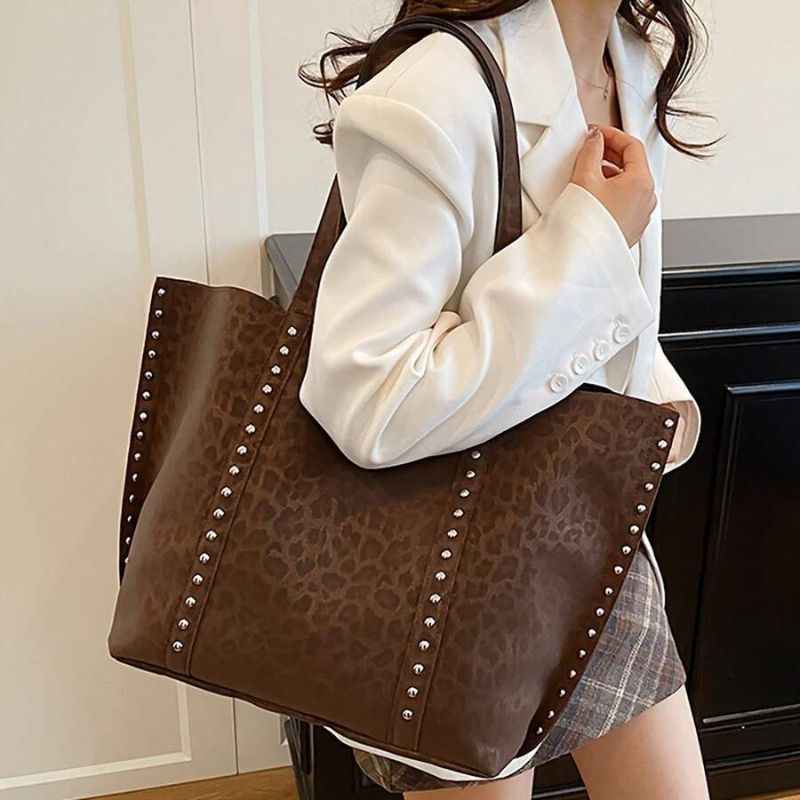 New Women'S Fashion Retro Solid Color Versatile Tote Bag With Large Capacity, Rivet Decorations, Soft, Leopard Print Lightweight Tote Bag