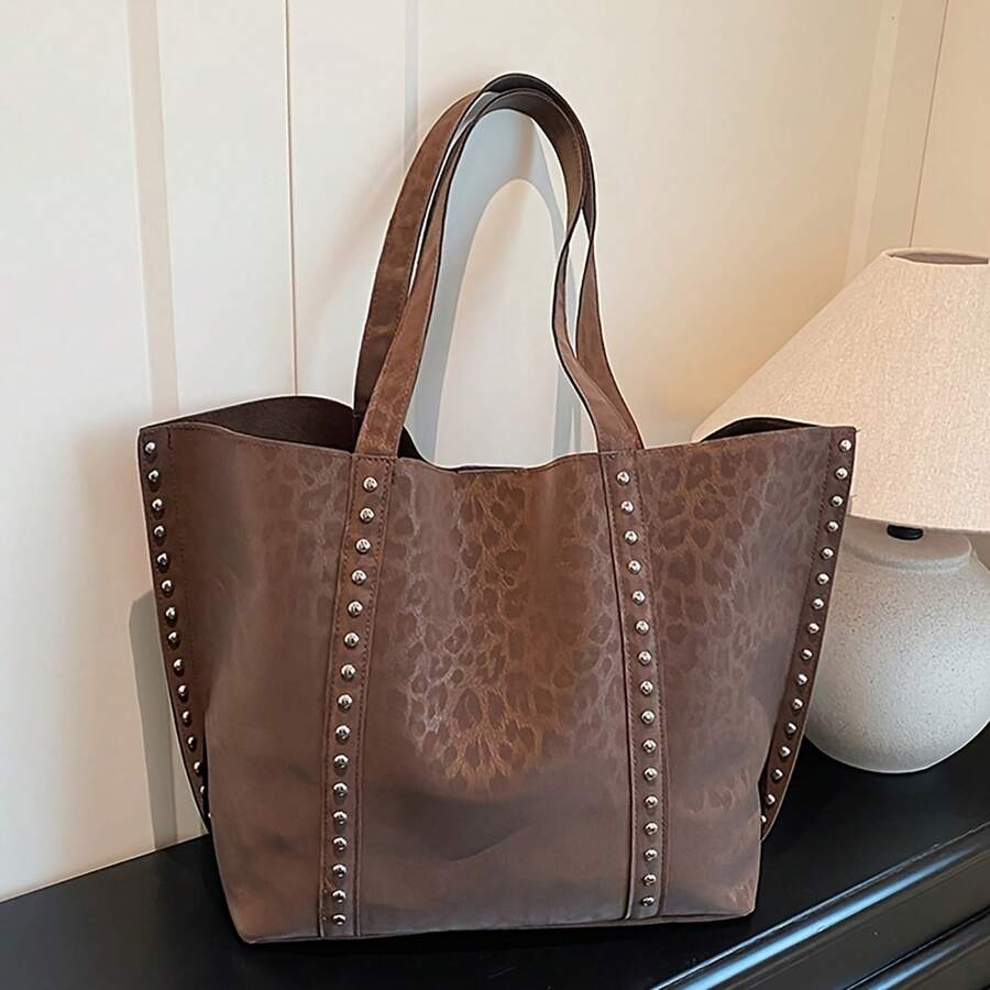 New Women'S Fashion Retro Solid Color Versatile Tote Bag With Large Capacity, Rivet Decorations, Soft, Leopard Print Lightweight Tote Bag