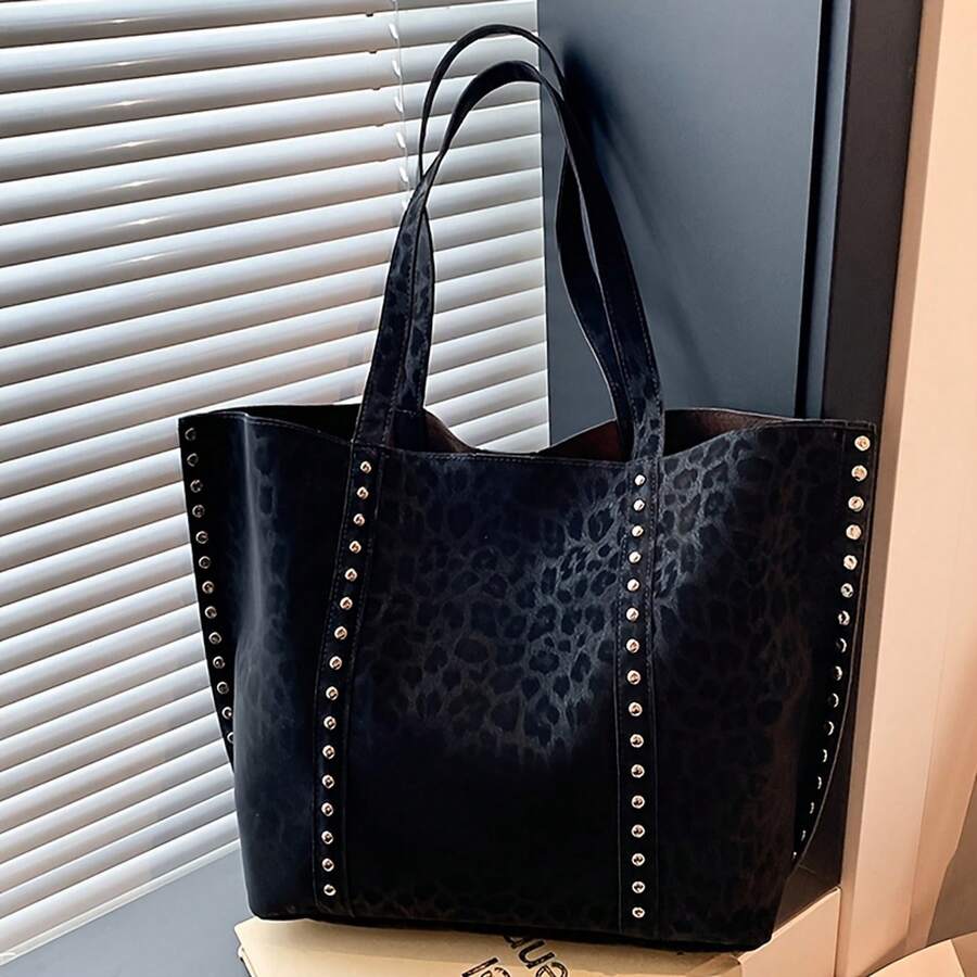 New Women'S Fashion Retro Solid Color Versatile Tote Bag With Large Capacity, Rivet Decorations, Soft, Leopard Print Lightweight Tote Bag