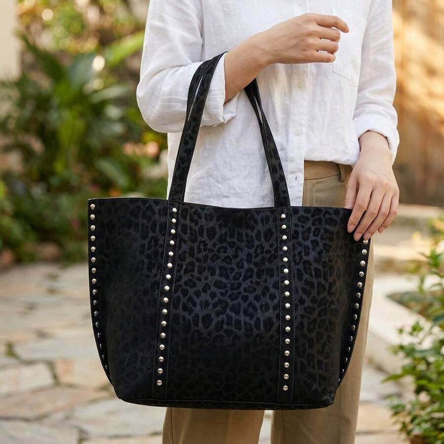 New Women'S Fashion Retro Solid Color Versatile Tote Bag With Large Capacity, Rivet Decorations, Soft, Leopard Print Lightweight Tote Bag