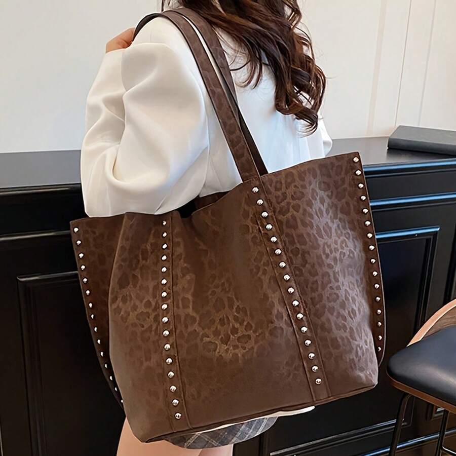 New Women'S Fashion Retro Solid Color Versatile Tote Bag With Large Capacity, Rivet Decorations, Soft, Leopard Print Lightweight Tote Bag
