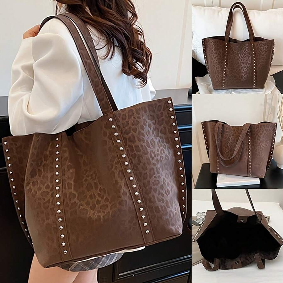 New Women'S Fashion Retro Solid Color Versatile Tote Bag With Large Capacity, Rivet Decorations, Soft, Leopard Print Lightweight Tote Bag