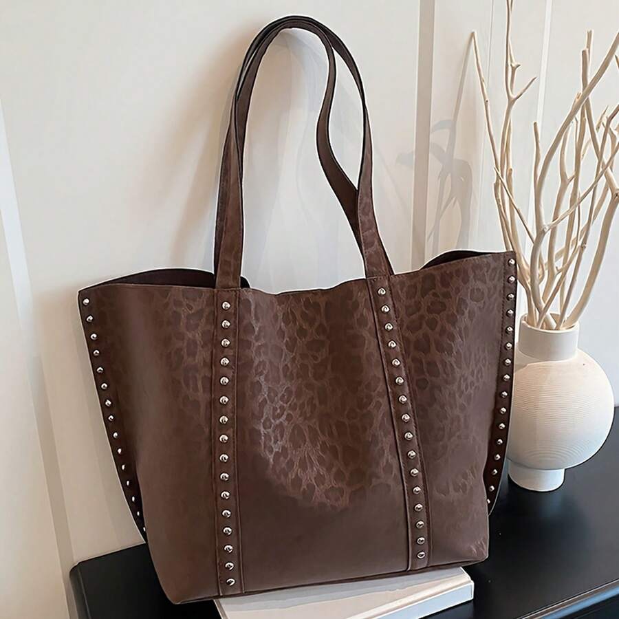 New Women'S Fashion Retro Solid Color Versatile Tote Bag With Large Capacity, Rivet Decorations, Soft, Leopard Print Lightweight Tote Bag