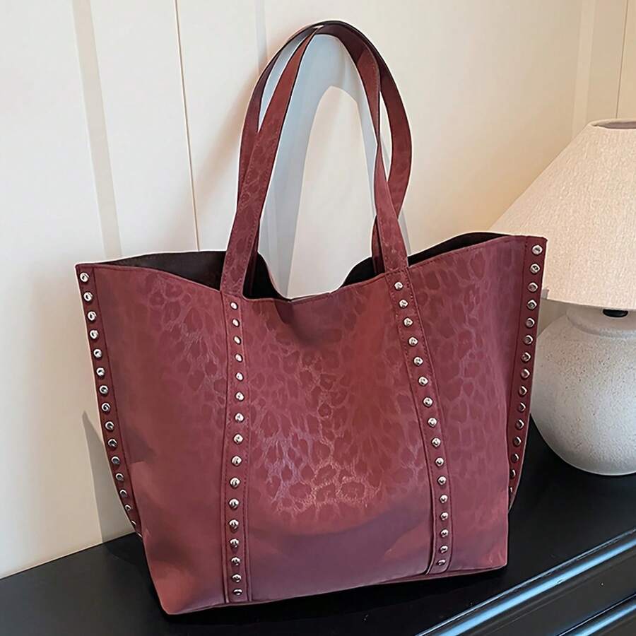 New Women'S Fashion Retro Solid Color Versatile Tote Bag With Large Capacity, Rivet Decorations, Soft, Leopard Print Lightweight Tote Bag