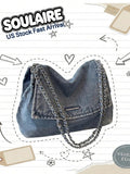 Baby Blue Bag Solid Color Casual Tote Bag Retro Wash Jeans Bag Chain Shoulder Ba
