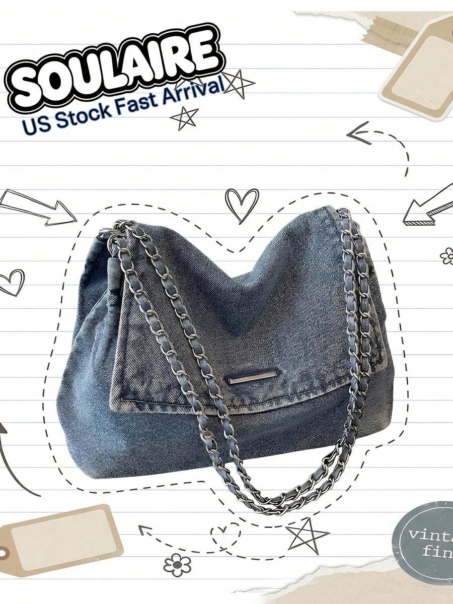 Baby Blue Bag Solid Color Casual Tote Bag Retro Wash Jeans Bag Chain Shoulder Bag Large-Capacity Denim Bag Handbag Minimalist Crossbody Bag Office Bag