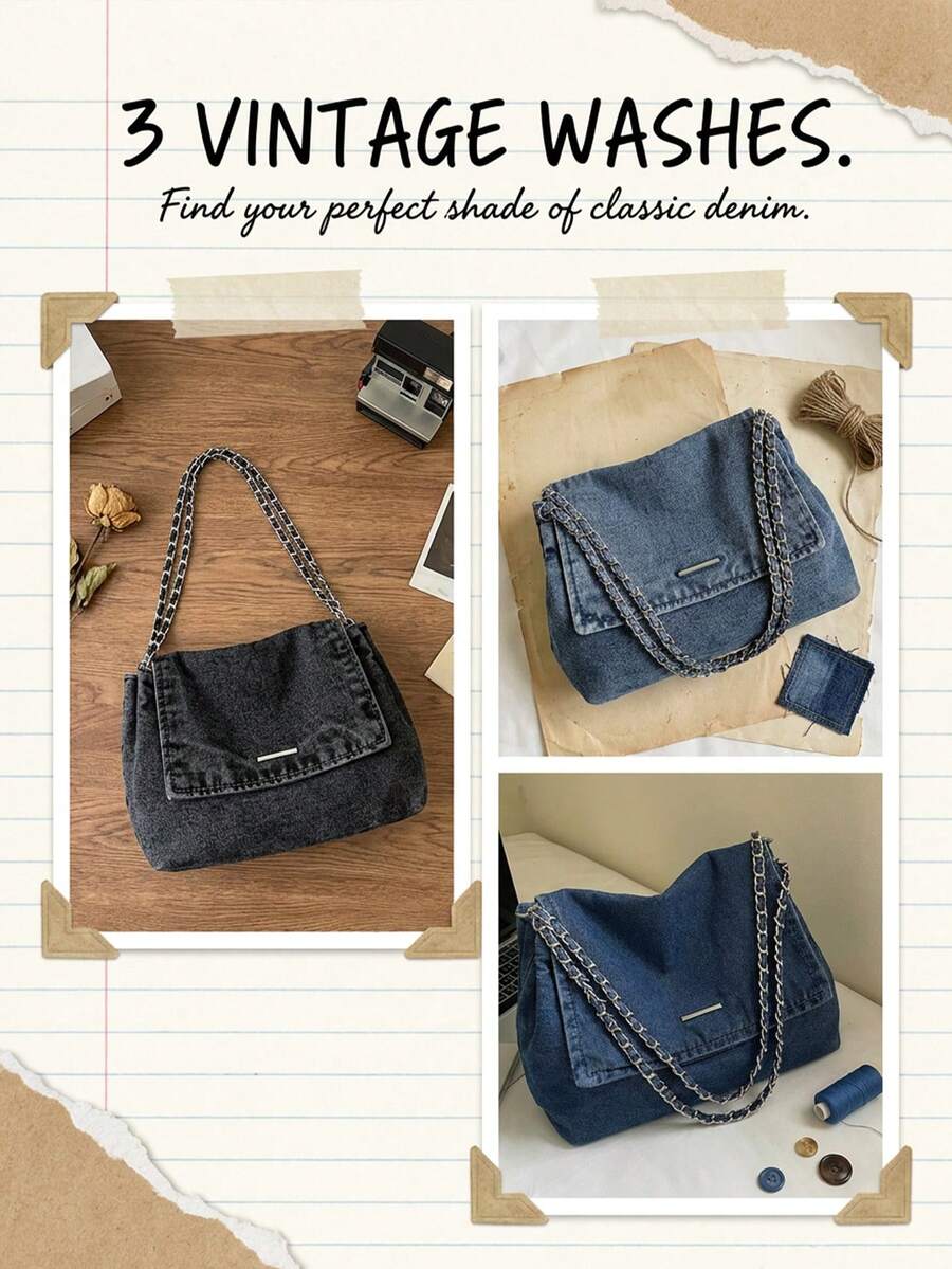 Baby Blue Bag Solid Color Casual Tote Bag Retro Wash Jeans Bag Chain Shoulder Bag Large-Capacity Denim Bag Handbag Minimalist Crossbody Bag Office Bag